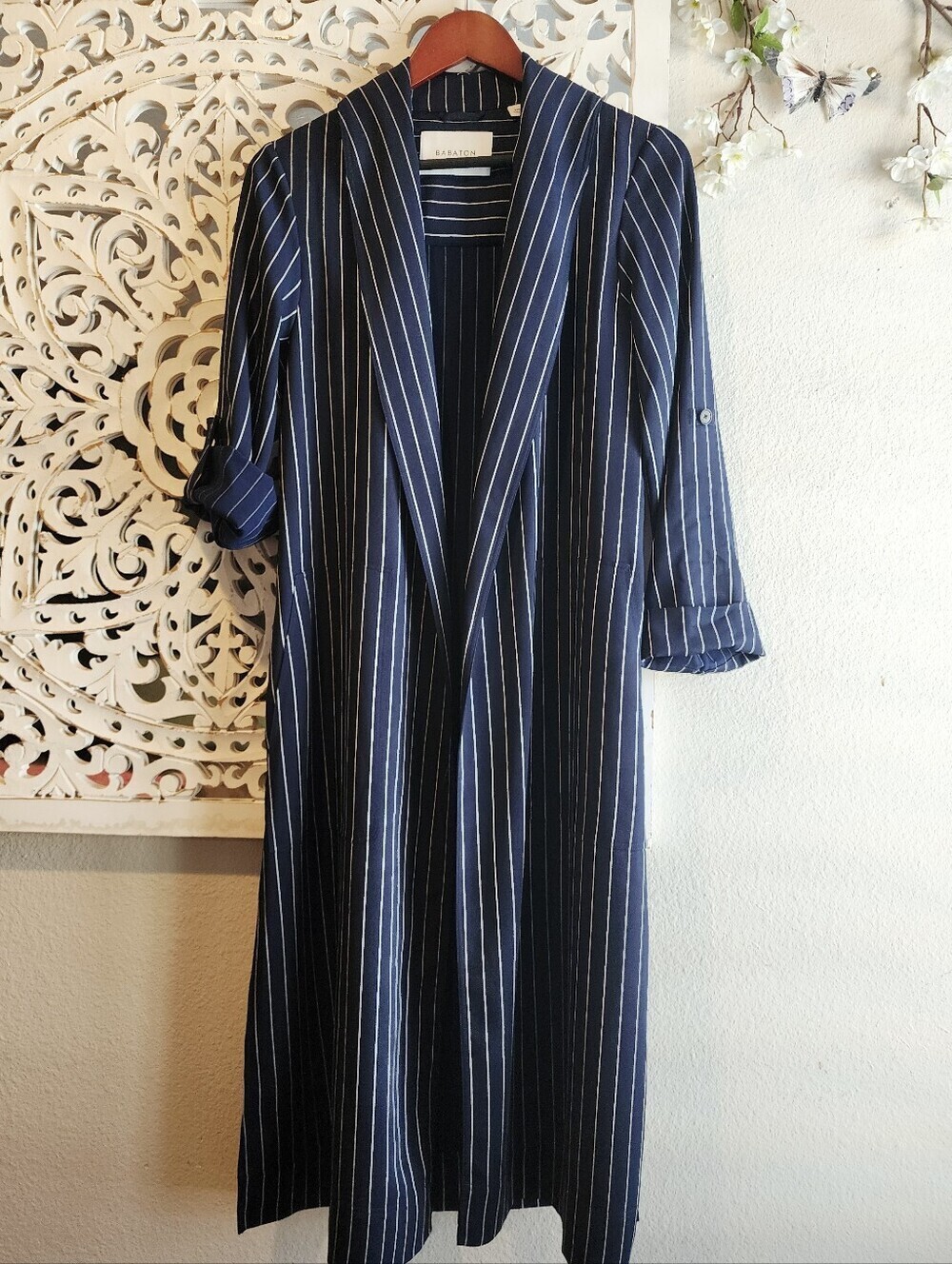 BABATON KAHlO ROBE NAVY WRAP JACKET STRIPES PATCH POCKETS RECYCLED MAYERIAL XXS - Picture 6 of 16